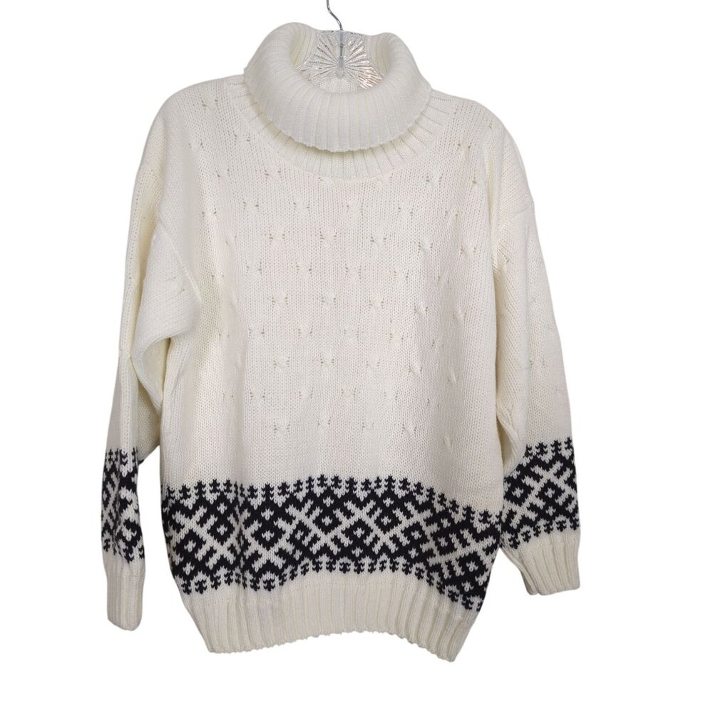Vintage JOLIE‎ Nordic Sweater With Turtleneck & Black Geometric Pattern sz M / L